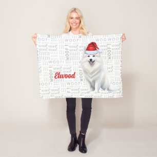 American Eskimo Dog with Name Christmas Holiday Fleece Blanket