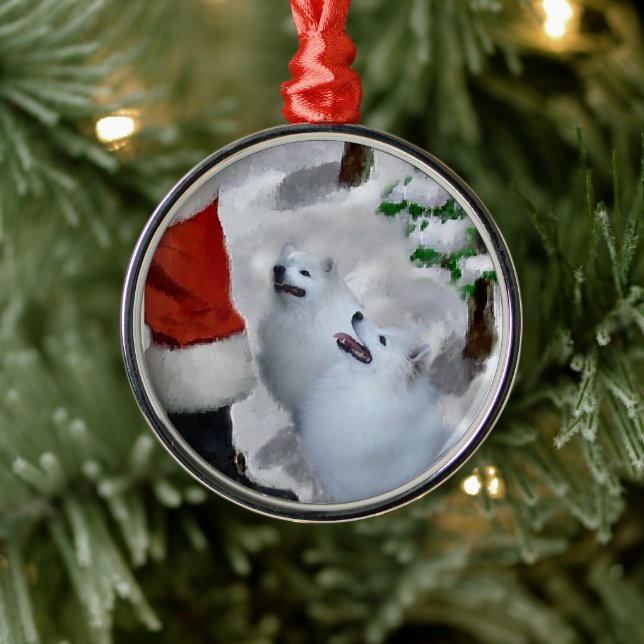 American Eskimo Dog With Santa Christmas  Metal Tree Decoration (Tree)
