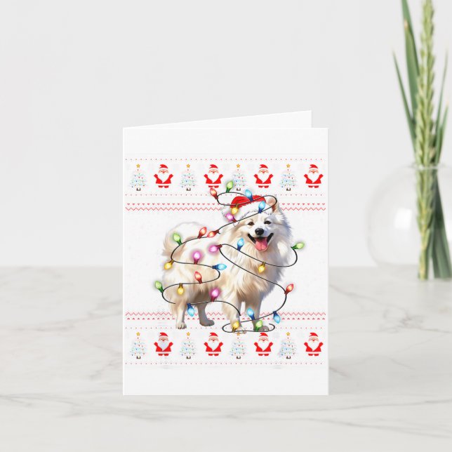 American Eskimo Dog Xmas Lights Ugly Sweater Chris Card (Front)