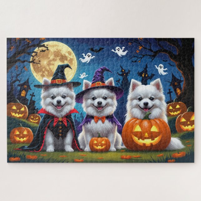 American Eskimo Dogs Pumpkin Halloween Funny Jigsaw Puzzle (Horizontal)