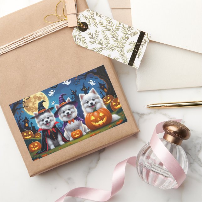 American Eskimo Dogs Pumpkin Halloween Funny Rectangular Sticker (Gifting)