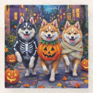 American Eskimo Dogs Trick-or-Treating Halloween Glass Coaster