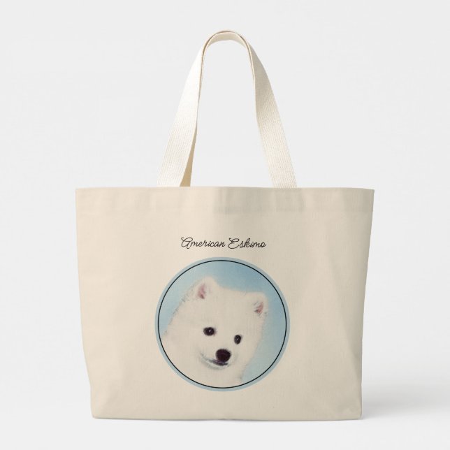 American Eskimo Eskie Puppy Painting Cute Dog Art  Large Tote Bag (Back)