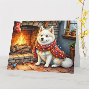 American Eskimo Fireplace with Christmas Lights Card