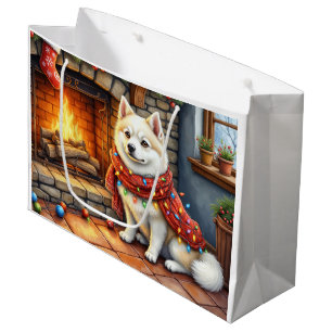 American Eskimo Fireplace with Christmas Lights Large Gift Bag