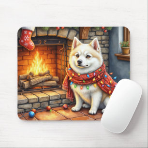 American Eskimo Fireplace with Christmas Lights Mouse Pad