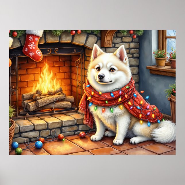 American Eskimo Fireplace with Christmas Lights Poster (Front)