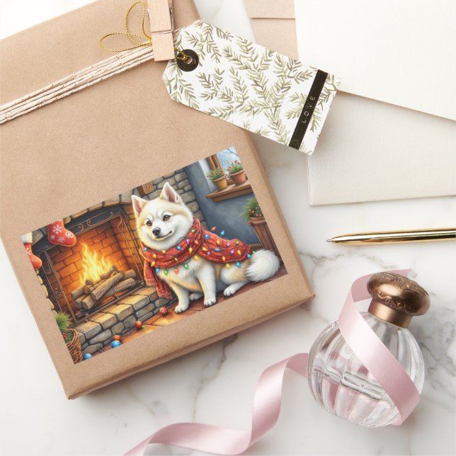 American Eskimo Fireplace with Christmas Lights Rectangular Sticker (Gifting)