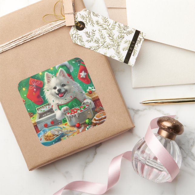 American Eskimo Holiday Baking: Festive Christmas Square Sticker (Gifting)