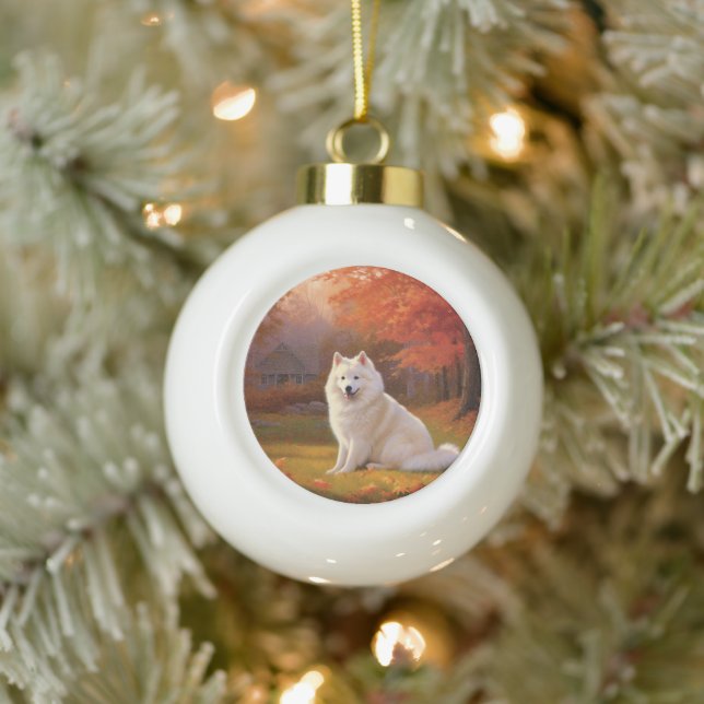 American Eskimo in Autumn Leaves Fall Inspired Ceramic Ball Christmas Ornament (Tree)