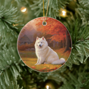 American Eskimo in Autumn Leaves Fall Inspired Ceramic Tree Decoration