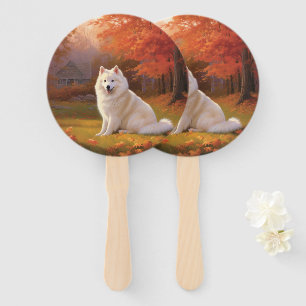 American Eskimo in Autumn Leaves Fall Inspired Hand Fan