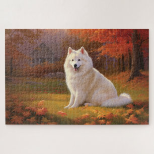 American Eskimo in Autumn Leaves Fall Inspired Jigsaw Puzzle