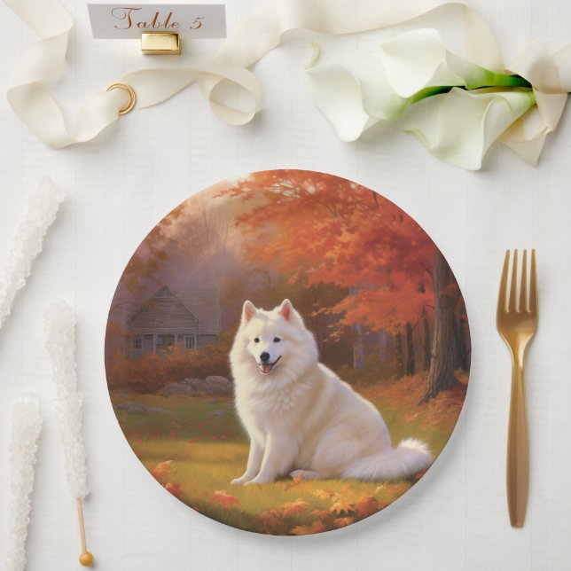 American Eskimo in Autumn Leaves Fall Inspired Paper Plate (Wedding)