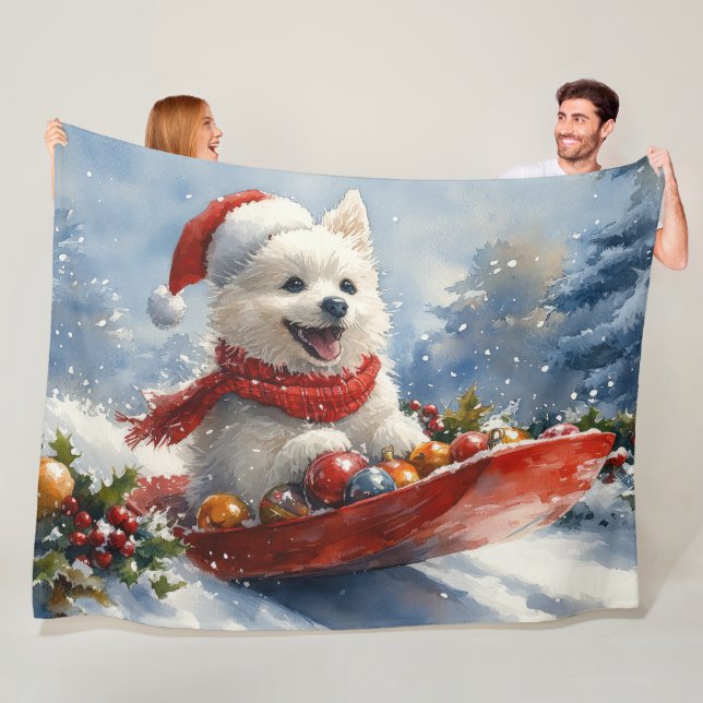 American Eskimo in Sledge Let it Snow Christmas Fleece Blanket (In Situ)