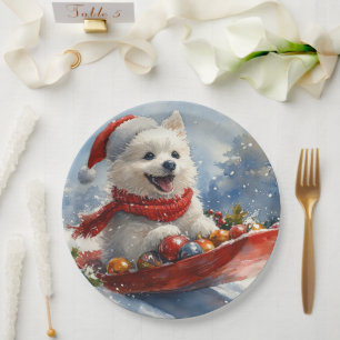 American Eskimo in Sledge Let it Snow Christmas Paper Plate