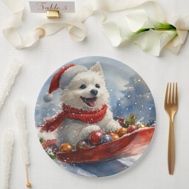 American Eskimo in Sledge Let it Snow Christmas Paper Plate (Wedding)