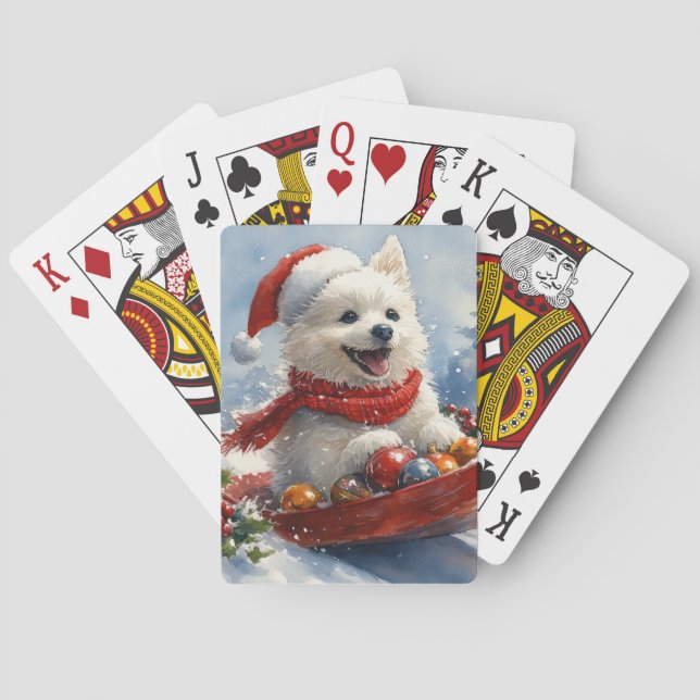 American Eskimo in Sledge Let it Snow Christmas Playing Cards (Back)
