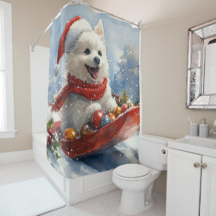 American Eskimo in Sledge Let it Snow Christmas Shower Curtain