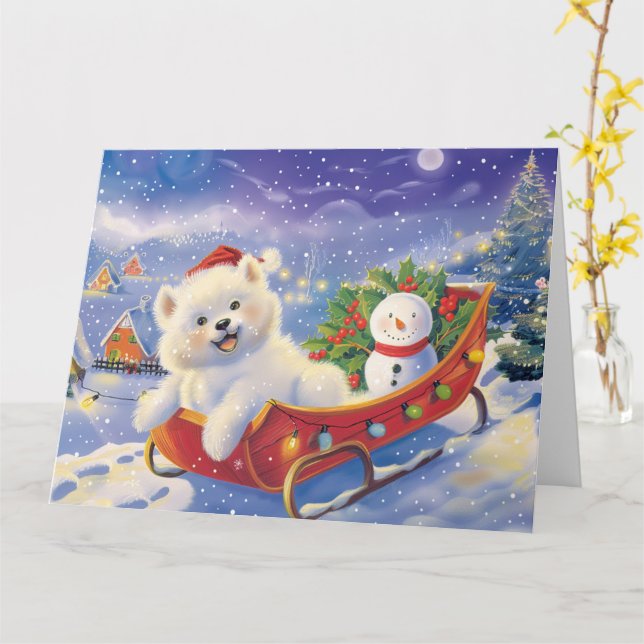 American Eskimo in Sleigh Snow Christmas Card (Yellow Flower)