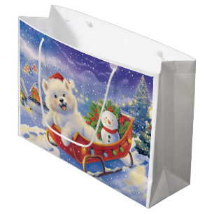 American Eskimo in Sleigh Snow Christmas Large Gift Bag