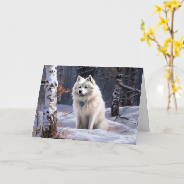 American Eskimo Let It Snow Christmas  Card (Yellow Flower)