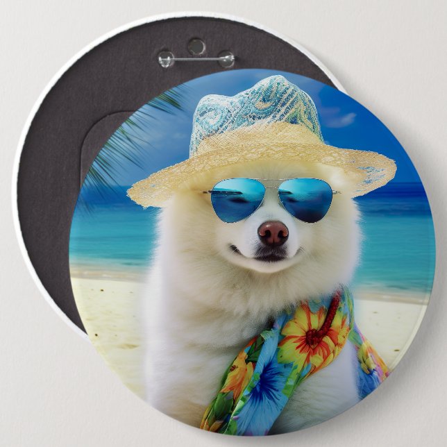 American Eskimo on Beach,summer gift for dog lover 6 Cm Round Badge (Front & Back)