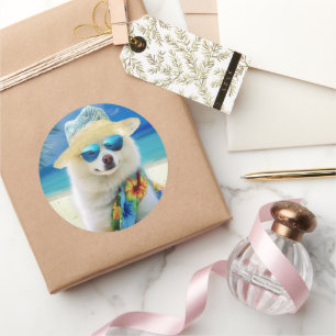 American Eskimo on Beach,summer gift for dog lover Classic Round Sticker