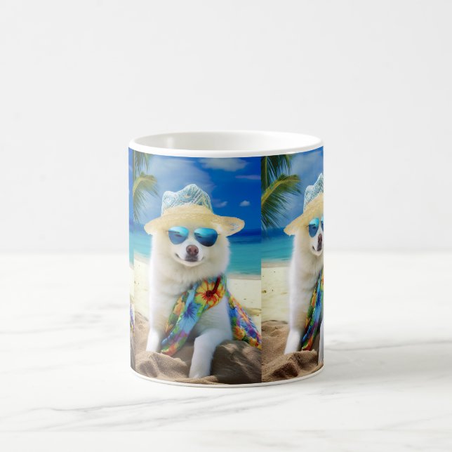 American Eskimo on Beach,summer gift for dog lover Coffee Mug (Center)