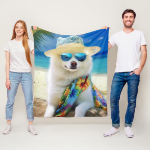 American Eskimo on Beach,summer gift for dog lover Fleece Blanket