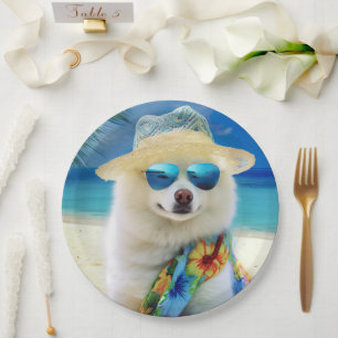 American Eskimo on Beach,summer gift for dog lover Paper Plate
