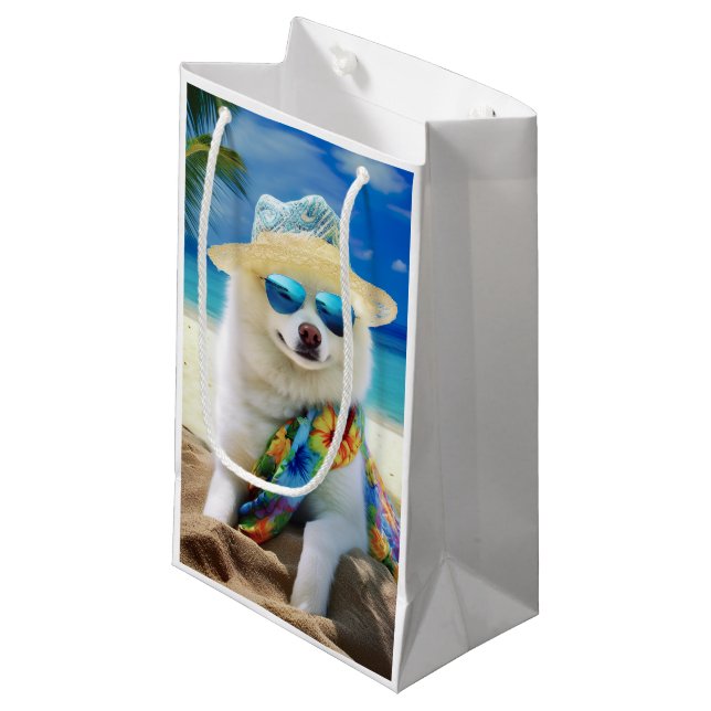 American Eskimo on Beach,summer gift for dog lover Small Gift Bag (Front Angled)