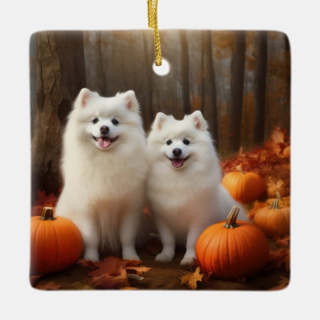 American Eskimo Puppy Autumn Delight Pumpkin Ceramic Ornament (Front)