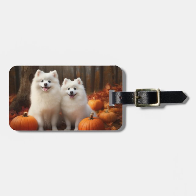 American Eskimo Puppy Autumn Delight Pumpkin Luggage Tag (Front Horizontal)