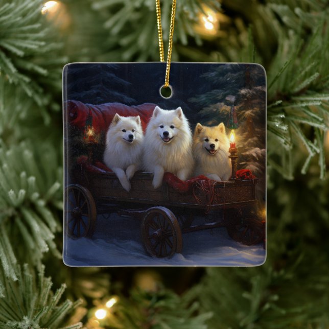 American Eskimo Snowy Sleigh Christmas Decor Ceramic Ornament (Tree)