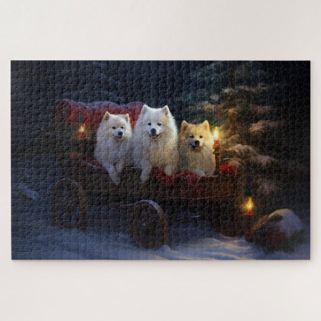 American Eskimo Snowy Sleigh Christmas Decor Jigsaw Puzzle (Horizontal)