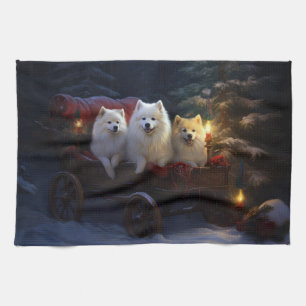 American Eskimo Snowy Sleigh Christmas Decor Tea Towel