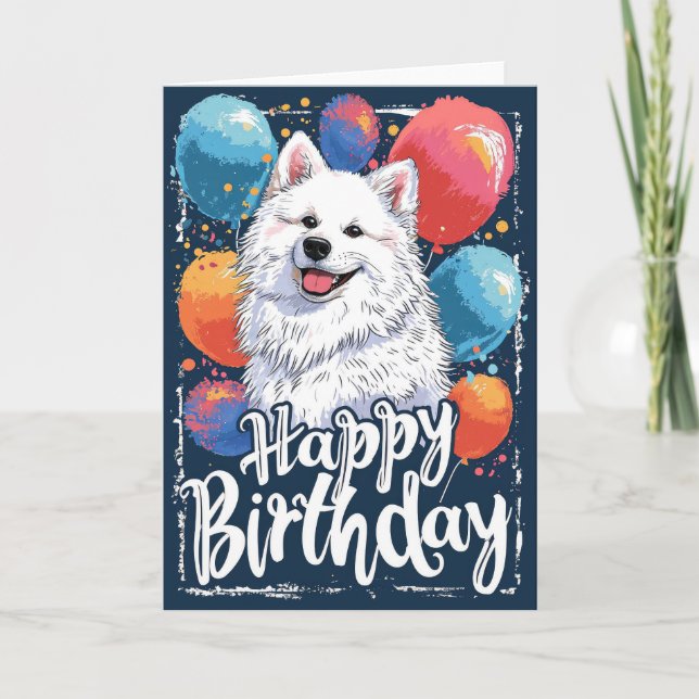 American Eskimo with Balloons Birthday Card (Front)