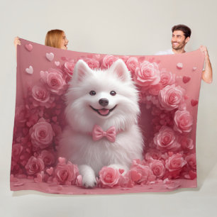 American Eskimo with Roses - Valentine's Day Fleece Blanket