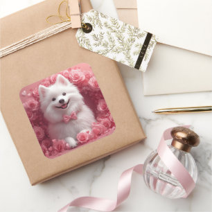 American Eskimo with Roses - Valentine's Day Square Sticker
