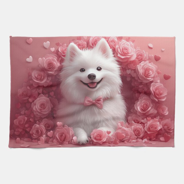 American Eskimo with Roses - Valentine's Day Tea Towel (Horizontal)