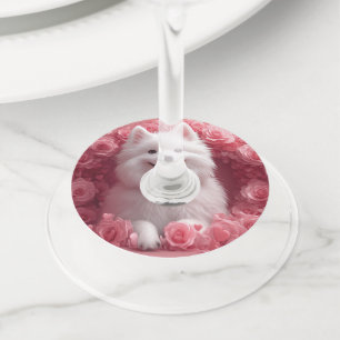 American Eskimo with Roses - Valentine's Day Wine Glass Tag