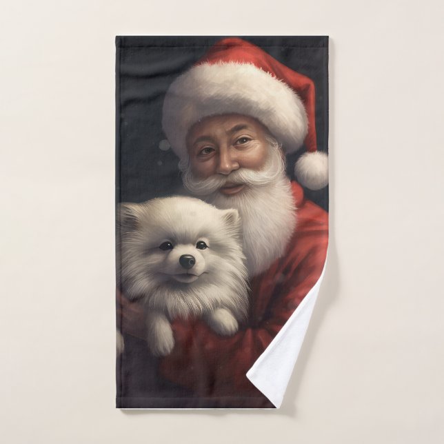 American Eskimo with Santa Claus Festive Christmas Bath Towel Set (Hand Towel)