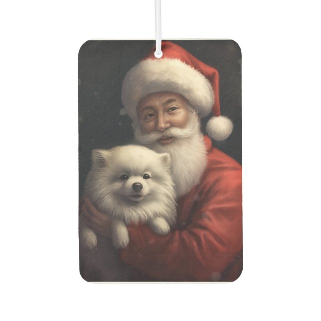 American Eskimo with Santa Claus Festive Christmas Car Air Freshener (Front)