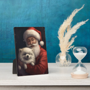 American Eskimo with Santa Claus Festive Christmas Plaque