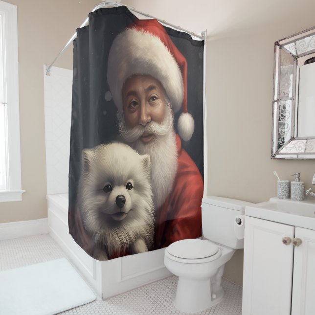 American Eskimo with Santa Claus Festive Christmas Shower Curtain (In Situ)