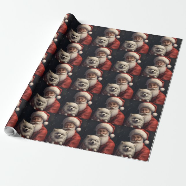 American Eskimo with Santa Claus Festive Christmas Wrapping Paper (Unrolled)