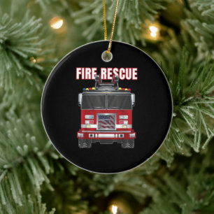 American Fire Rescue Firefighter Department Truck Ceramic Tree Decoration