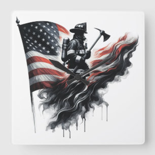  American firefighter.Flag of the United States. Square Wall Clock