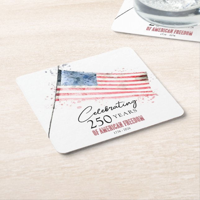 American Flag 250 Years Freedom 4th of July Party Square Paper Coaster (Angled)